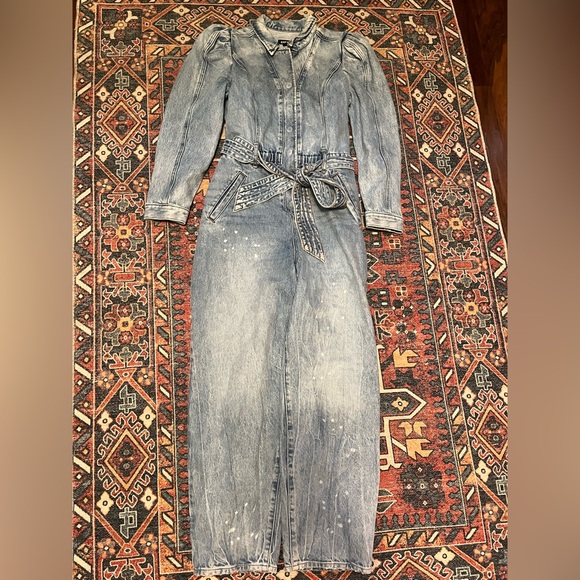 Express Puff Sleeve Tie Waist Medium Wash Denim Jumpsuit - Picture 6 of 8